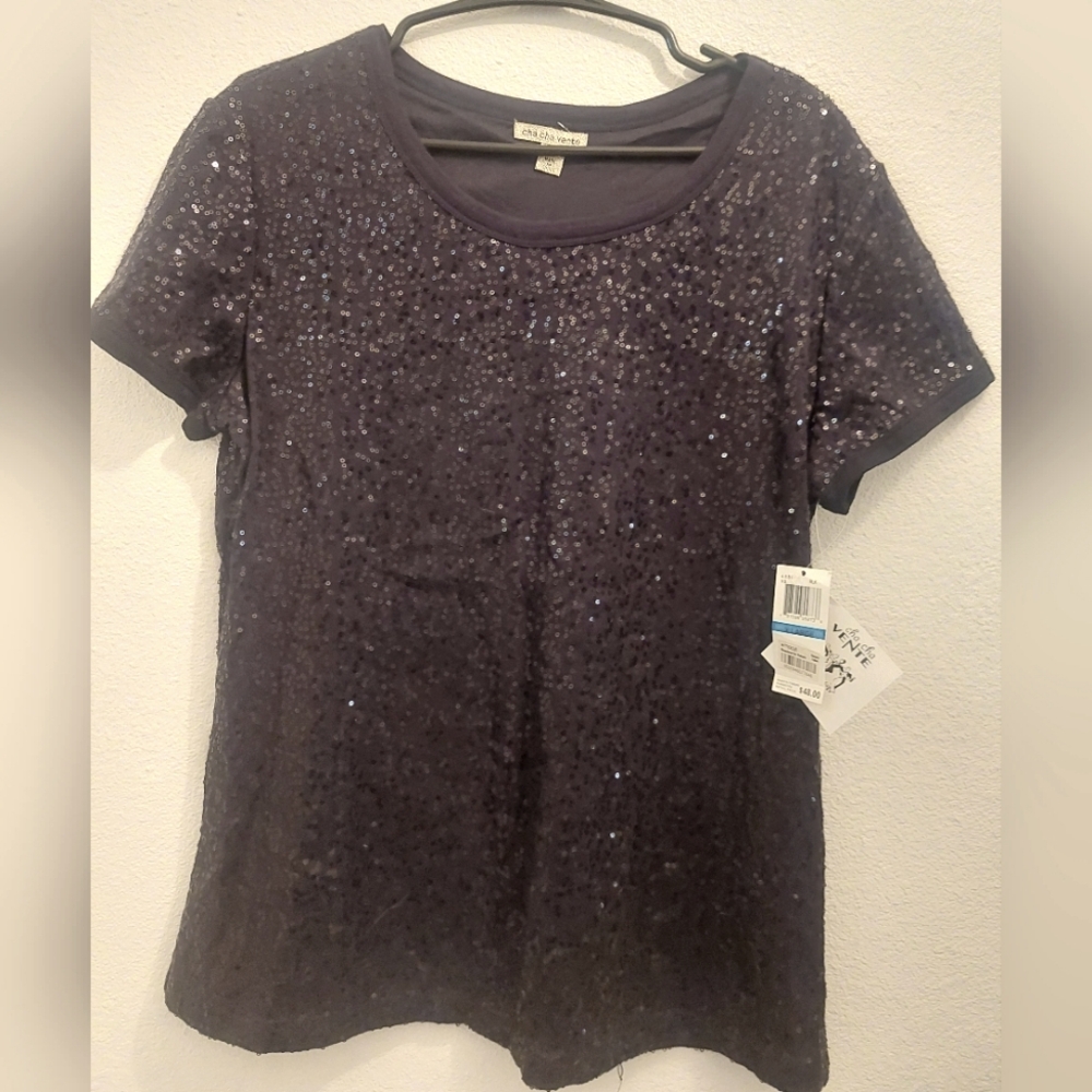 Cha Cha Vente Short Sleeve Sequin Top - Black